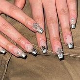 VIBEFICANT 3D Star Rhinestone French Tip Medium Coffin Press-On Nails